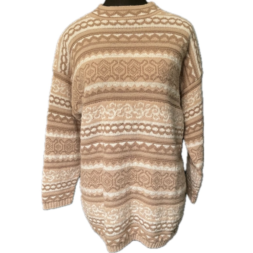 Vintage 90s Dana Scott Fair Isle Metallic Gold Cream Tan Knit Sweater EUC Sz M